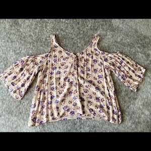 cream colored purple cold shoulder top